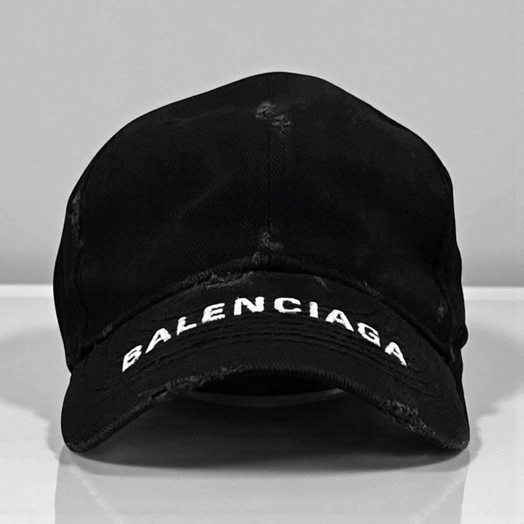 バレンシアガ LOGO VISOR キャップ ダメージ加工 ブラック 帽子