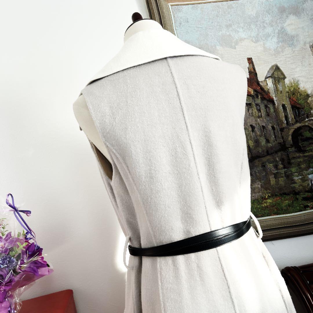美品　foxyフォクシー　ダブルフェイス ウール　ロング　ジレ　ベルト　グレー