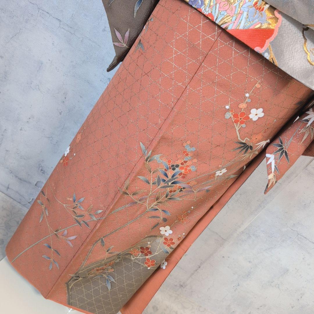 訪問着　フルセット　着物　正絹　ブラウン橙　金駒刺繍　花　O6