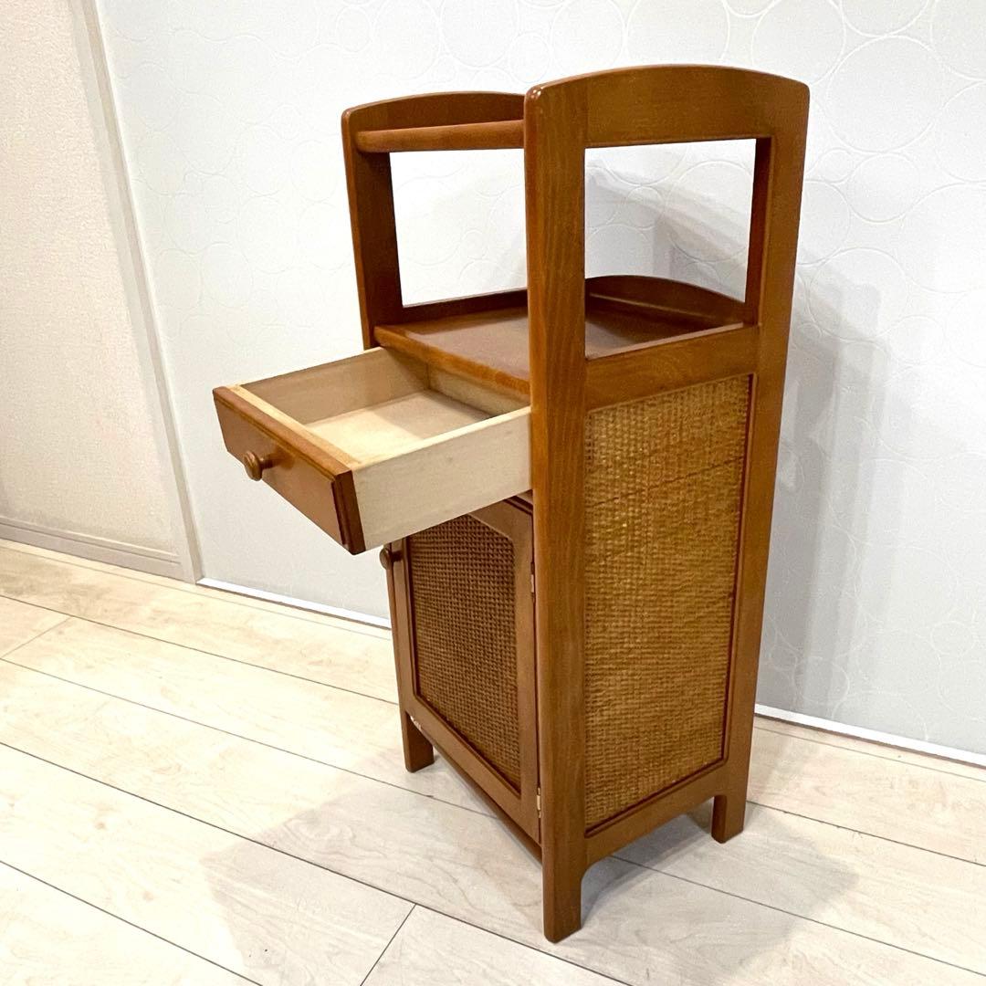 【オールドカリモク】 ラタン 電話台 チェスト 籐扉 レトロ 木製キャビネット