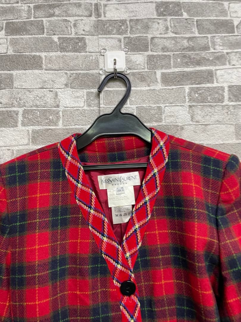 極美品　Yves Saint Laurent カシミヤ　レッドチェックジャケット
