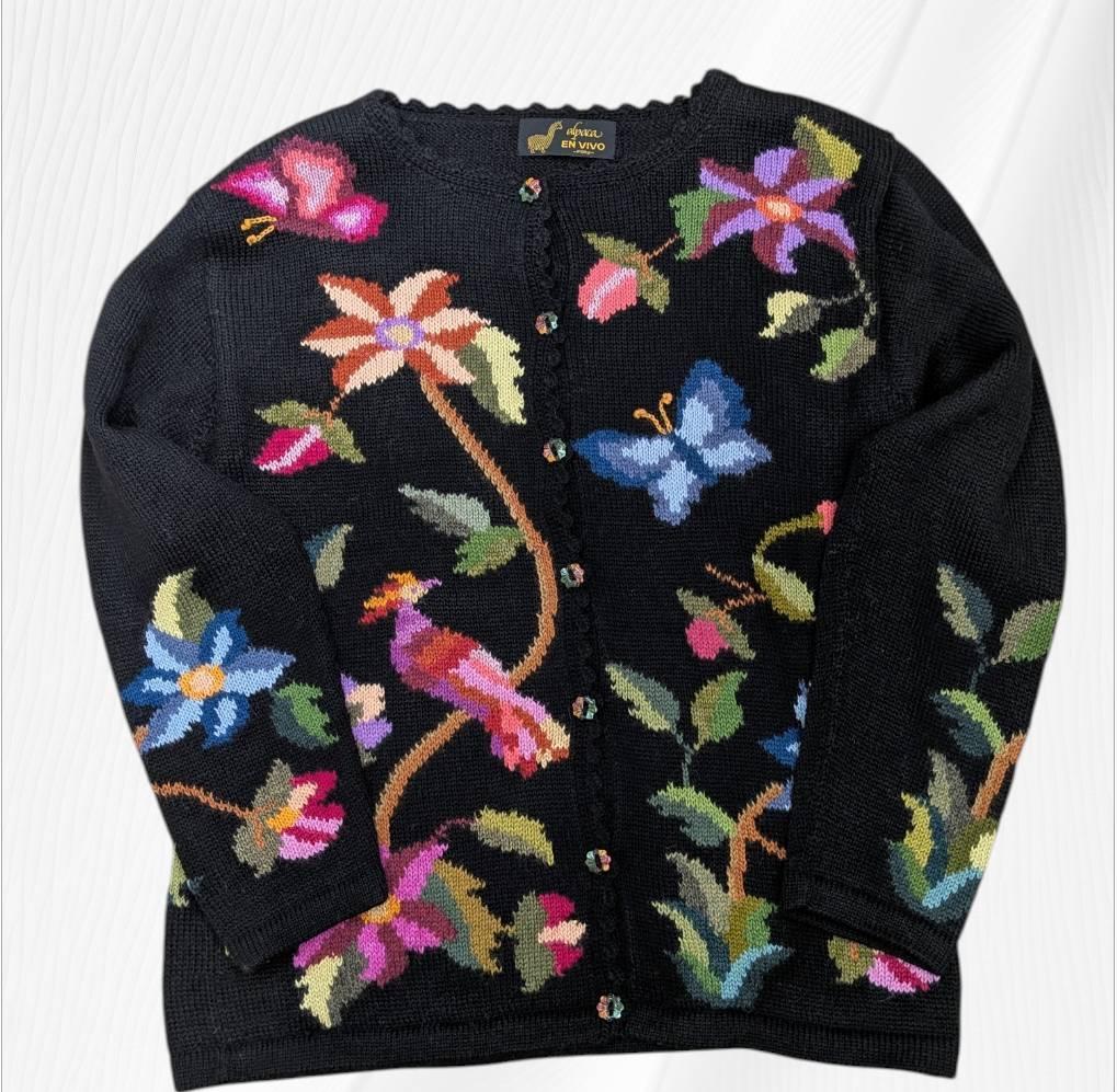 アルパカ １００％ 花柄 カーディガン ブラック Ｍ～Ｌ相当