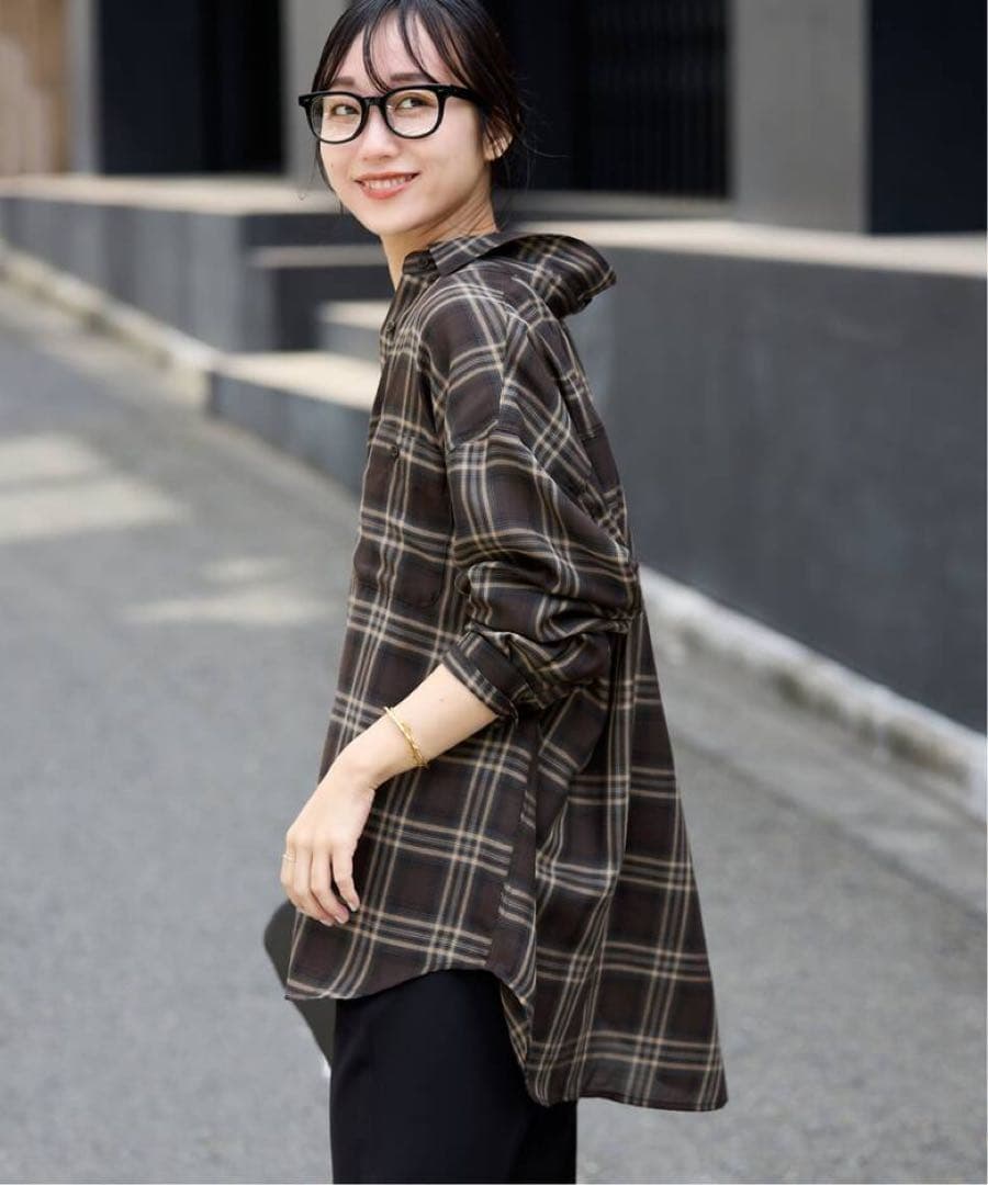 イエナ　ビエラチェックルーズシャツ　ブラウン