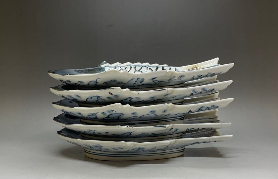 大明萬暦年製　明時代　景徳鎮　染付　魚皿　5客　Y3199