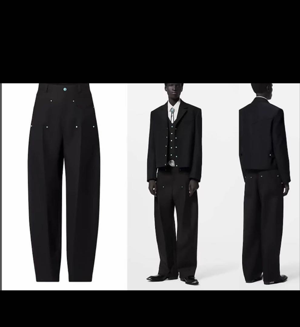 ルイヴィトン24AW ターコイズ装飾テーラードウールワークダブルニーロングパンツ