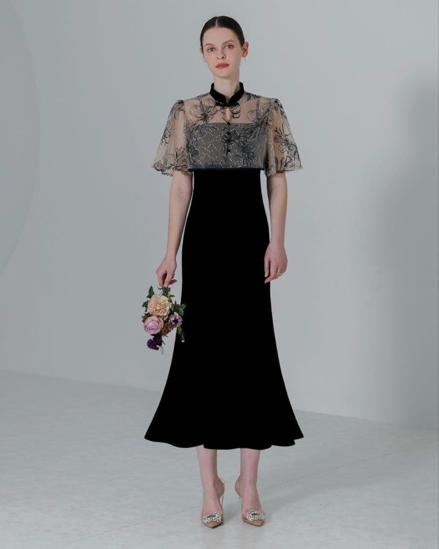 【LEJA】配色パイピング花柄刺繍ボレロ付きベロアマーメイドキャミワンピース