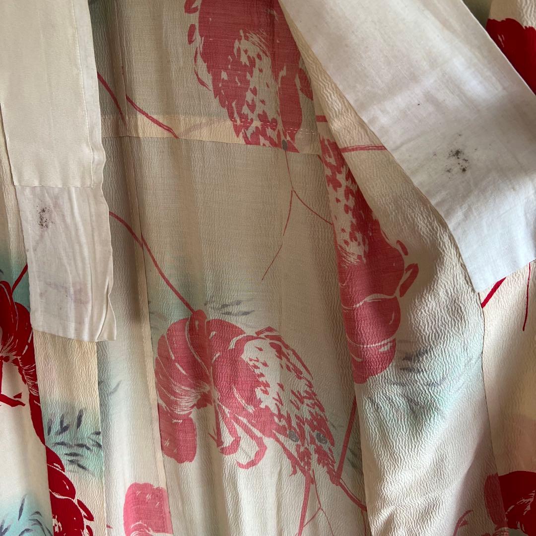 5903◆アンティーク長襦袢単衣赤伊勢海老大胆でポップな意匠時代古裂コレクターズ