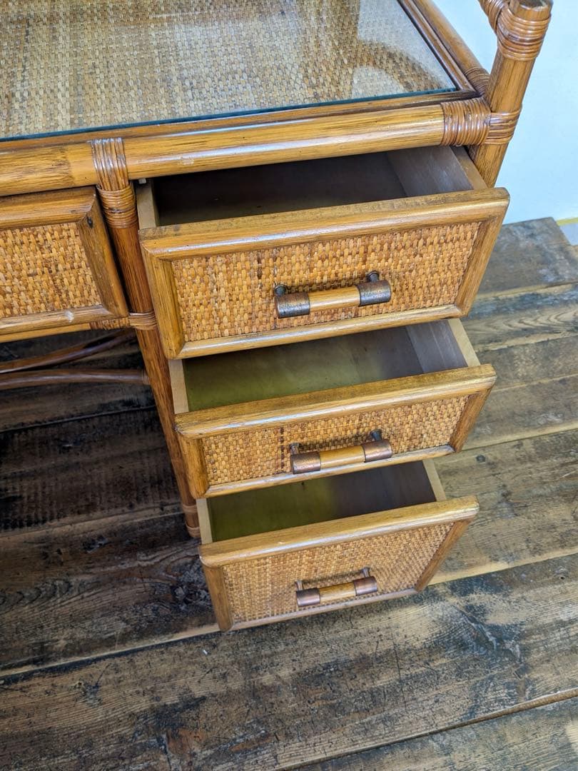 【Kazama】籐家具 ラタンのドレッサー 鏡台 椅子付