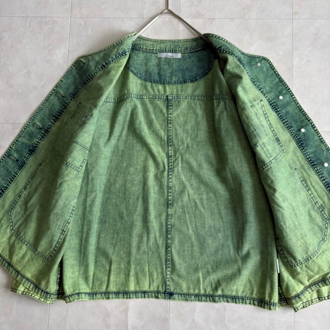 J.branche ノーカラーデニムジャケット 緑 38 綿100 多ポケット