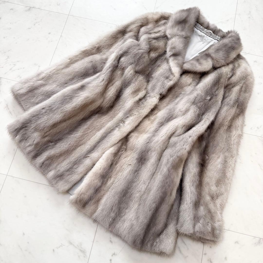 【美品】サファイアミンク ファー コート 毛皮 ミンク グレー シルバー
