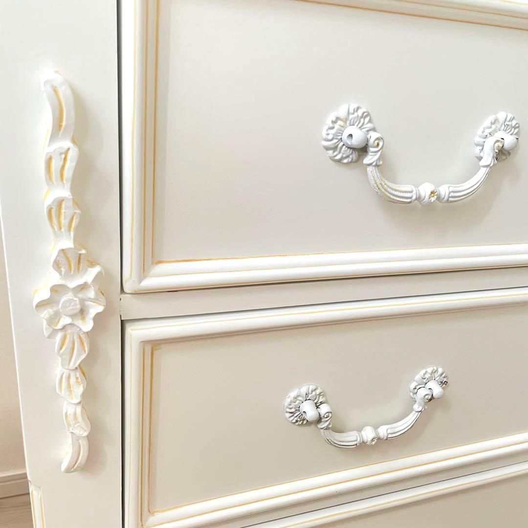 鍵付き アンティーク チェスト ハンプトンIIシリーズ 5D 白家具 姫 ロココ