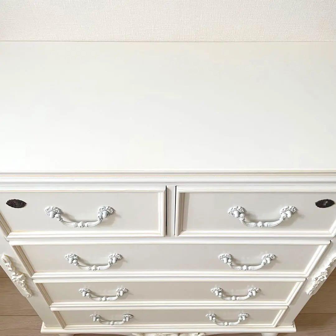 鍵付き アンティーク チェスト ハンプトンIIシリーズ 5D 白家具 姫 ロココ