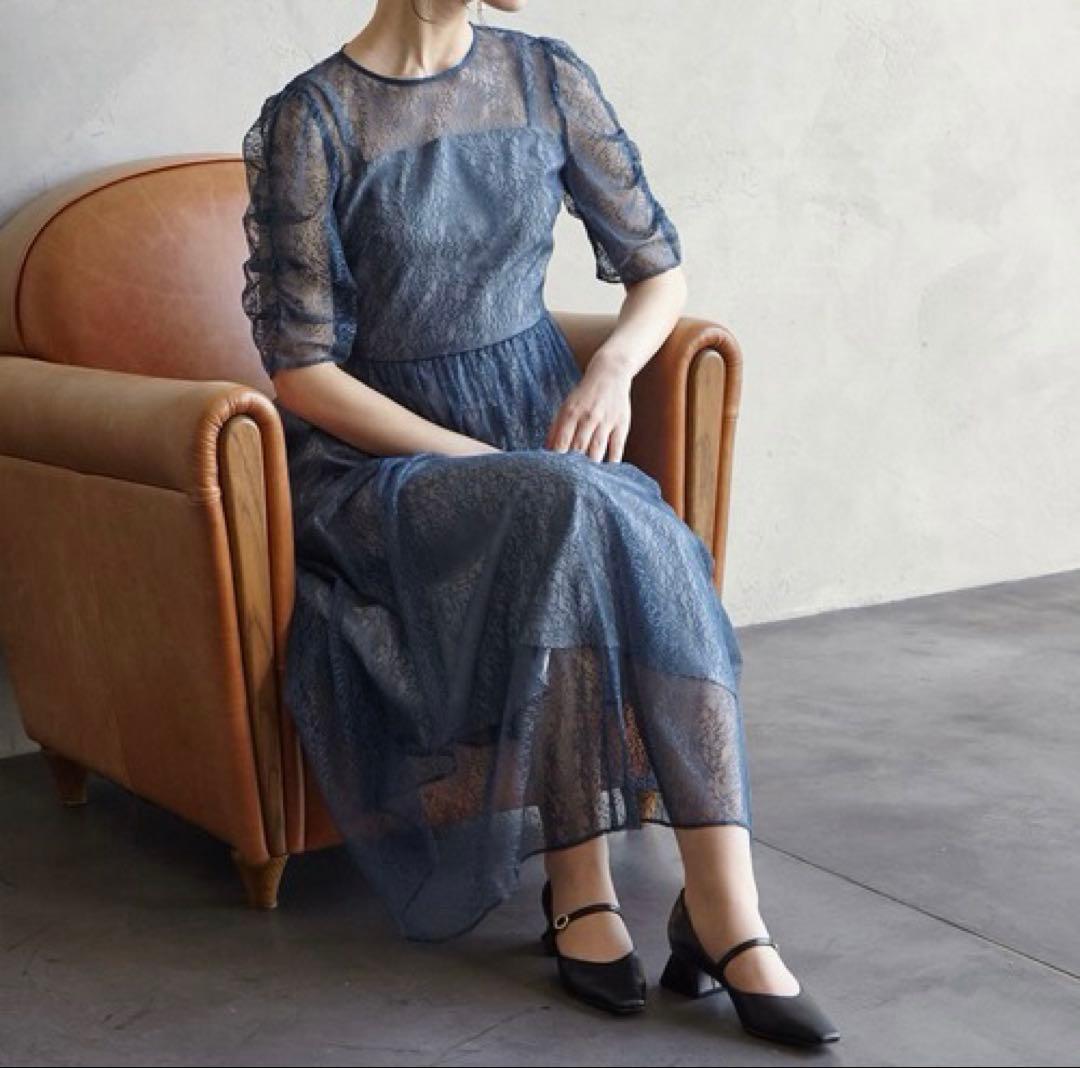 AIMER エメ　ギャザースリーブレースアップドレス　XL LL ブルー 大きい