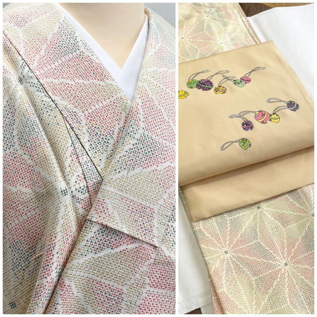 未使用　大島紬　袷仕立て　パステルカラー　名古屋帯（長尺）付き