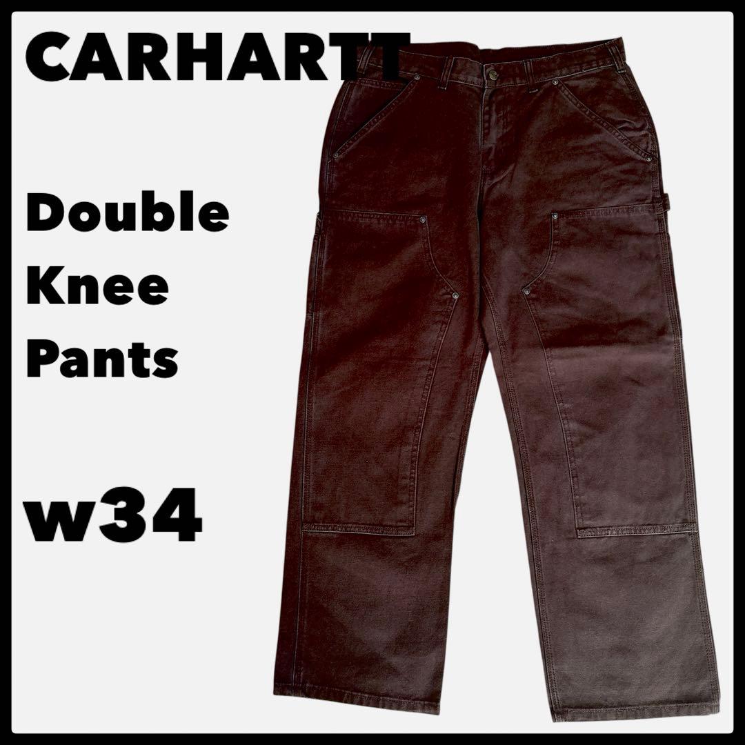 カーハート ダブルニー ワークパンツ w34 ブラウン ロゴ古着