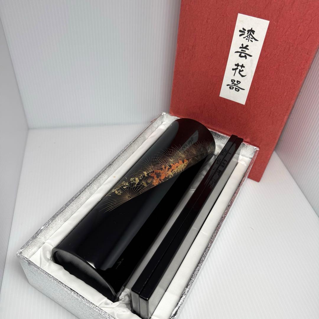 未使用 輪島塗 沈金 金箔 花入 花瓶 花器 共箱 漆 輪島漆器 共箱 説明書