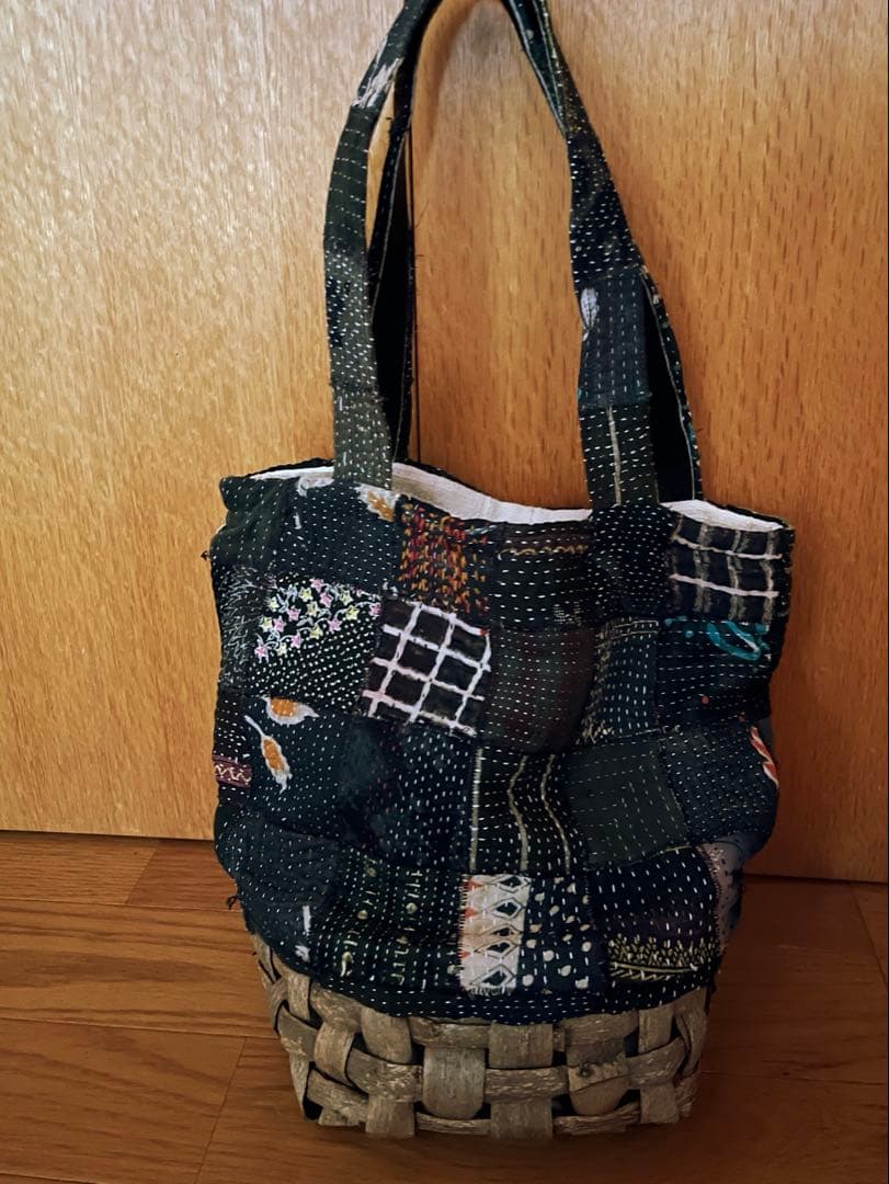 パッチワーク＆くるみ籠バッグ インド刺子 ハンドメイドメイド