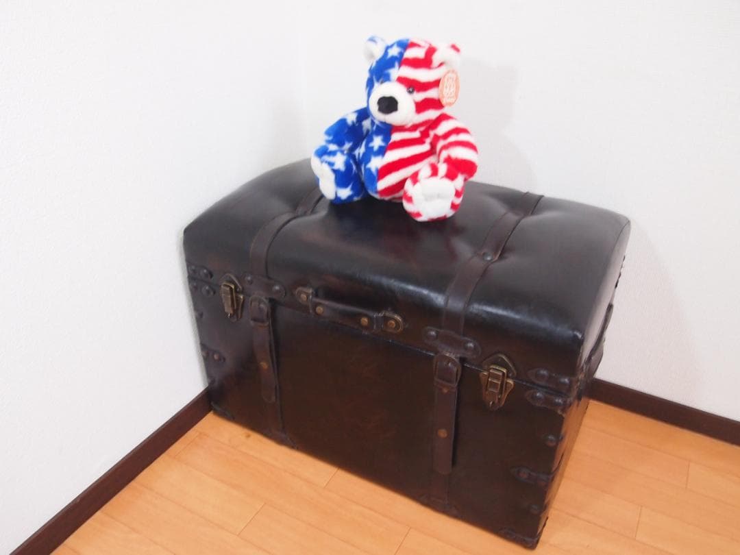 【良品】鋲打ち/革張り 収納スツール/椅子/ベンチ/レコードケース 黒/ブラック