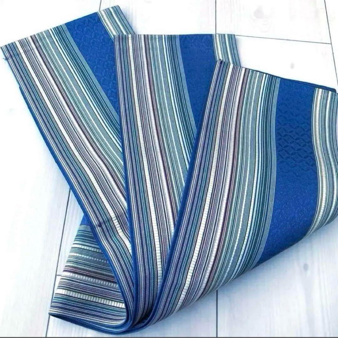 博多織　半幅帯　ブルーグレー　縞模様