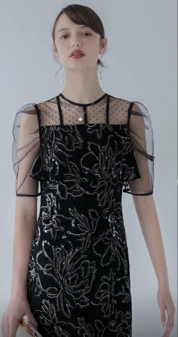 【LEJA】ドットチュールフラワースパンコールIラインドレスワンピース