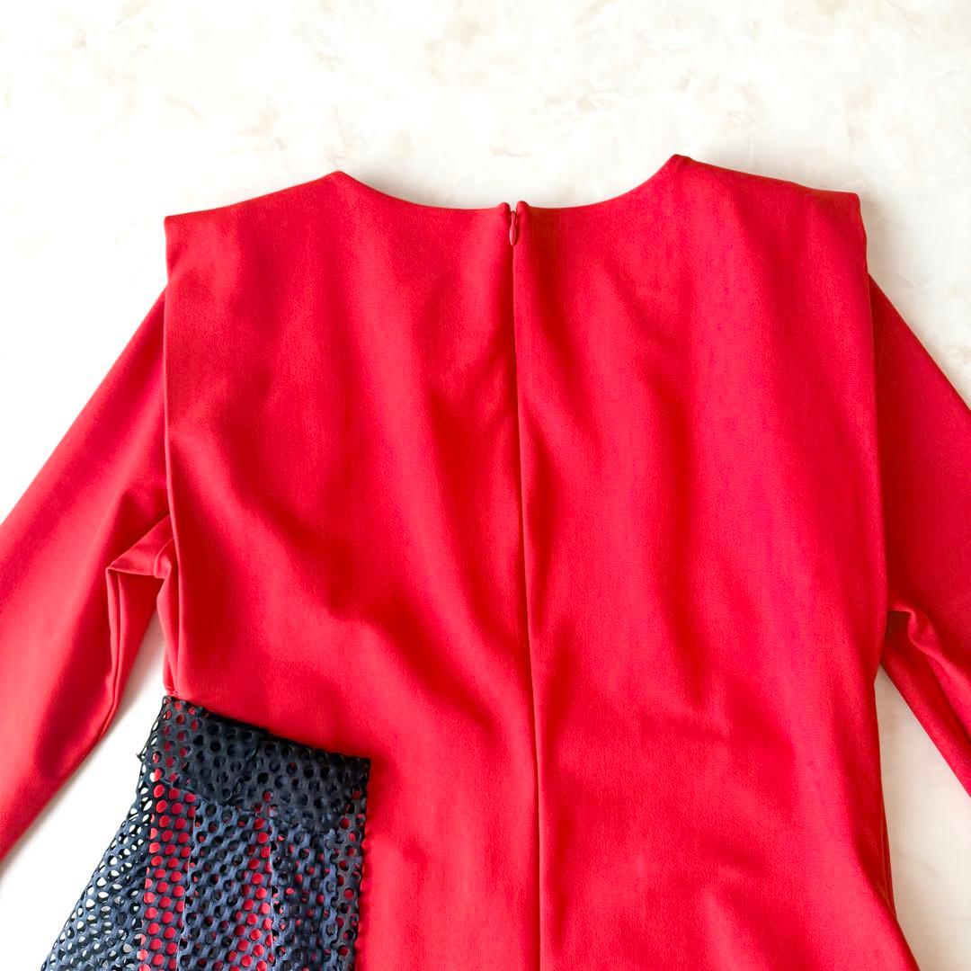 美品UN3D. アシンメトリー ドレープ ワンピース レッド 38 アンスリード