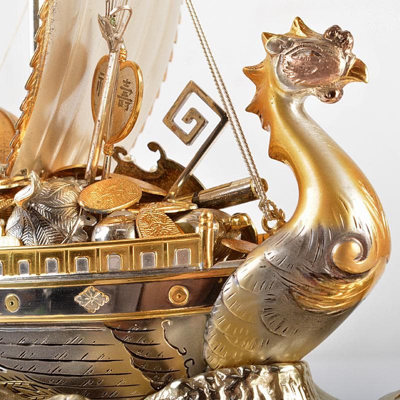 銀製　宝船　置物　ガラスケース　時代箱付　F　R5380B