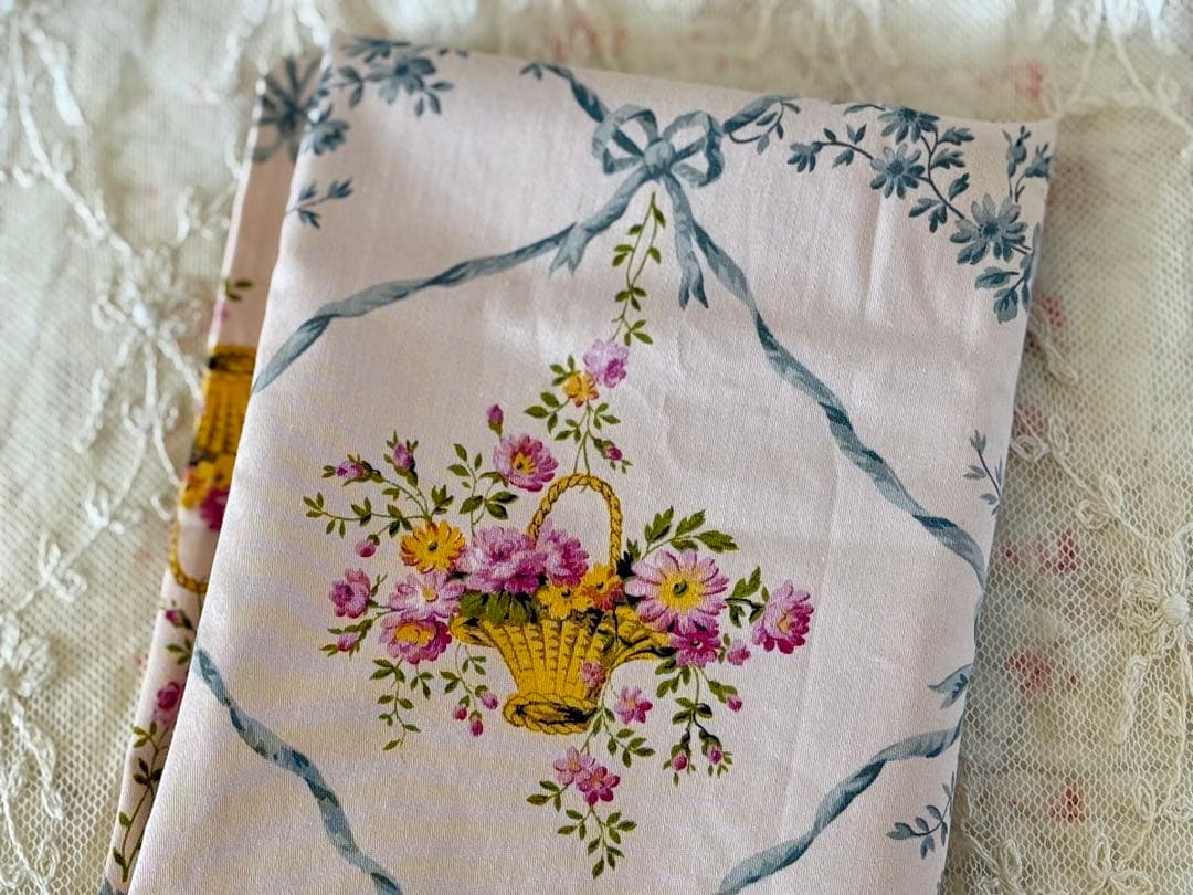 フランス　アンティーク　ファブリック＊リボンとフラワーバスケット＊Textile