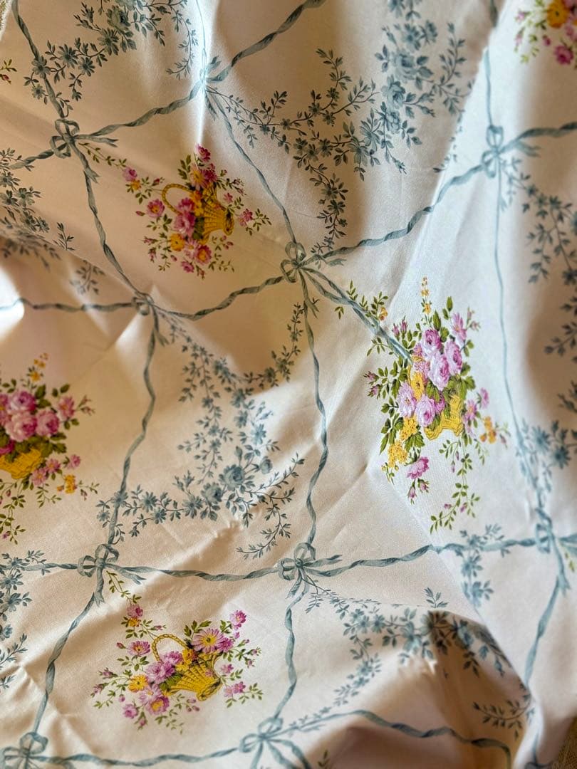 フランス　アンティーク　ファブリック＊リボンとフラワーバスケット＊Textile