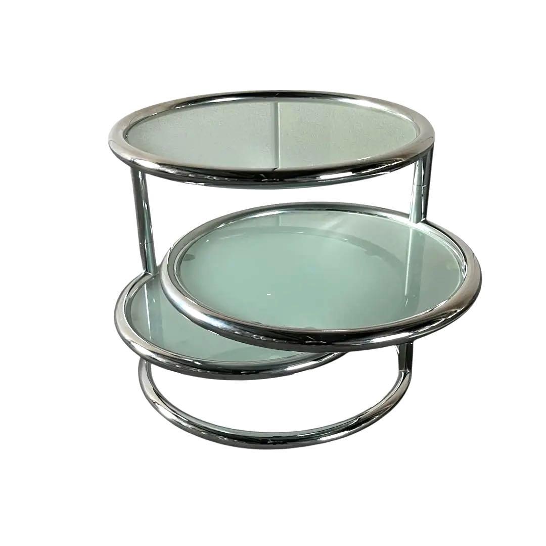 ミッドセンチュリー 丸型 ラウンドテーブル ヴィンテージ 曇りガラス ３段 4段