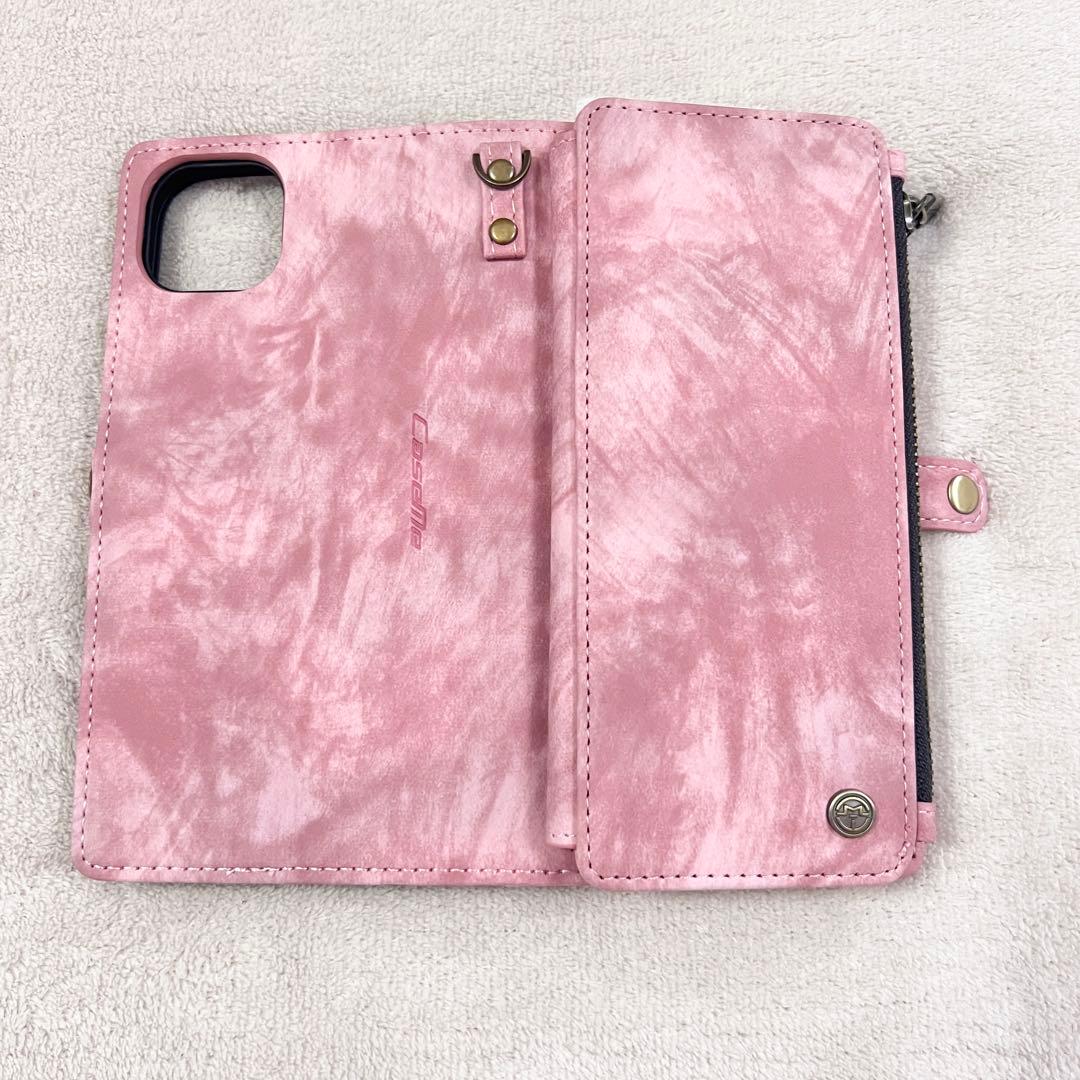 ジッパー付き iPhone 14 Plus ケース ピンク ウォレット 財布