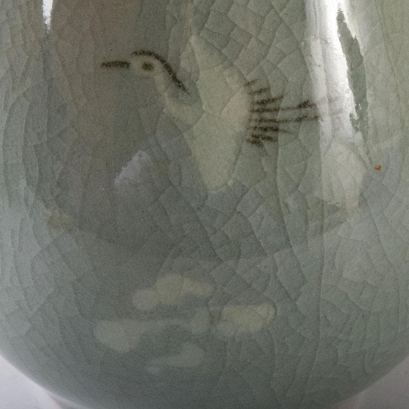 韓国人間文化財　柳海剛（柳根瀅）作　高麗青磁　象嵌鶴文　茶入　共箱　V　7835