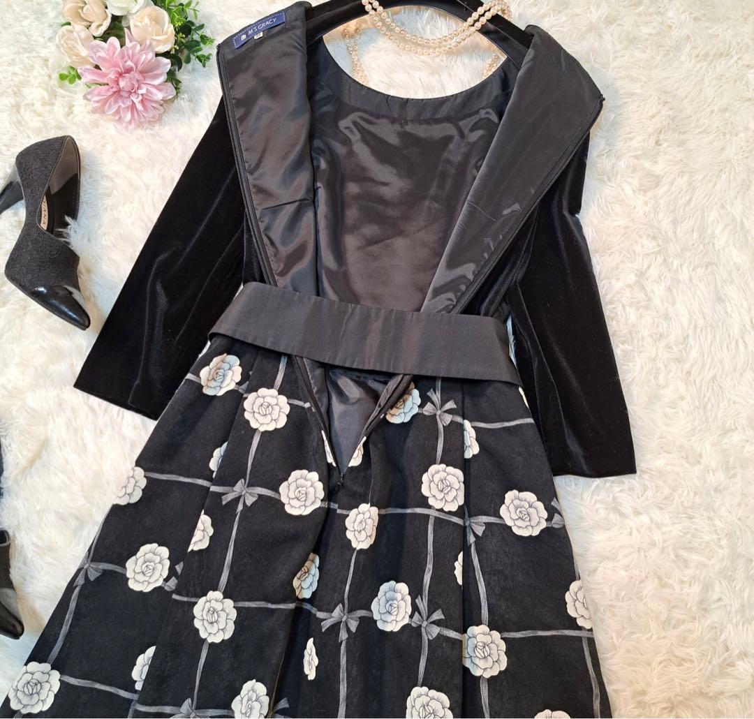 高級✨エムズグレイシー　スカート　花柄　ベロア　38 長袖　黒　リボン　M