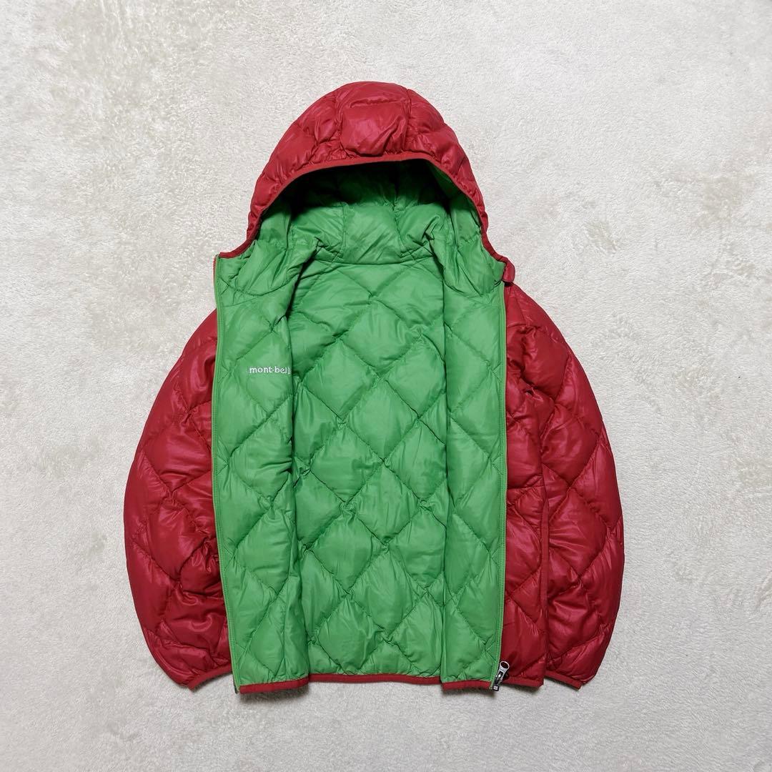 美品 モンベル down jacket parka green/red 収納袋付