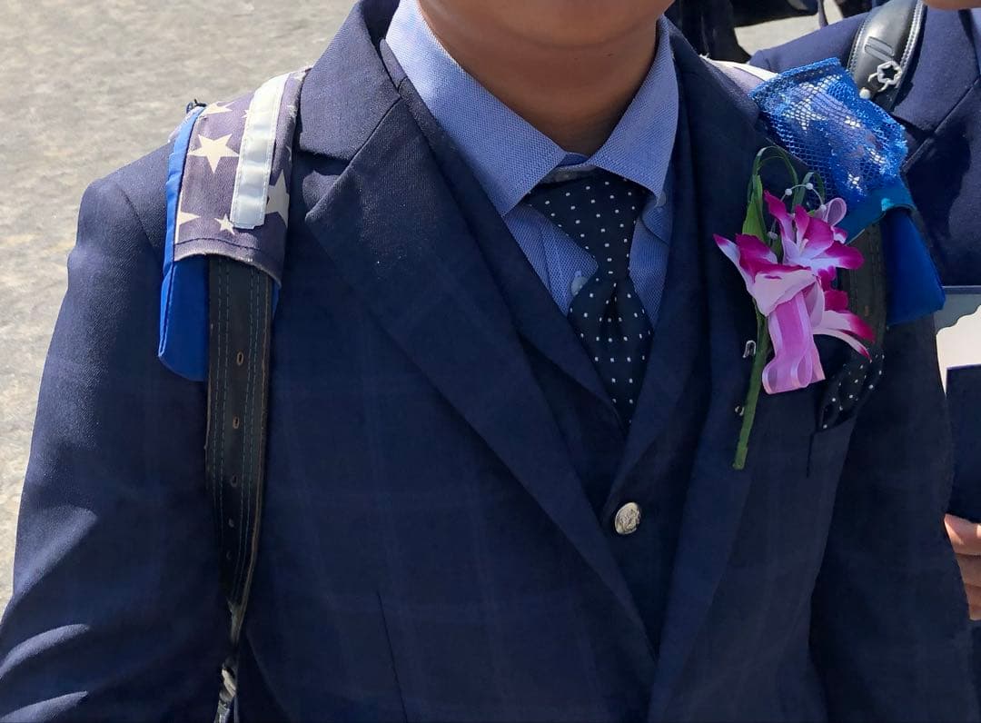 卒業式　男の子　小学生　紺　チェック柄 スーツ　5点セット　水色シャツ