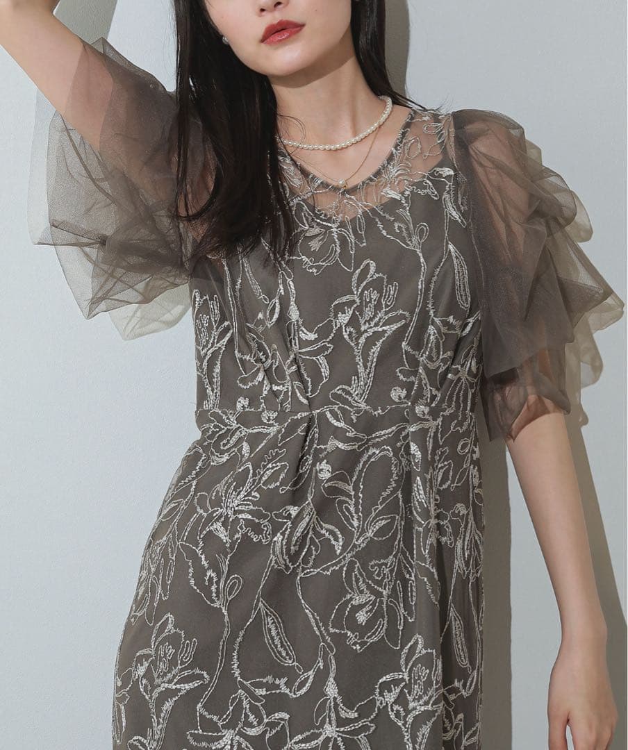 刺繍レース チュールスリーブ コクーン パーティードレス オケージョンドレス