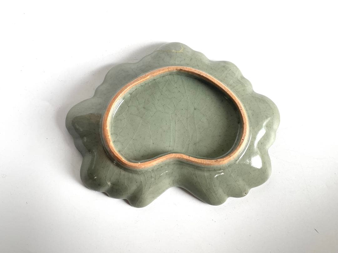 骨董　アンティーク　古九谷青磁　青磁瑠璃釉 葉文 葉形小皿　変形皿　向付