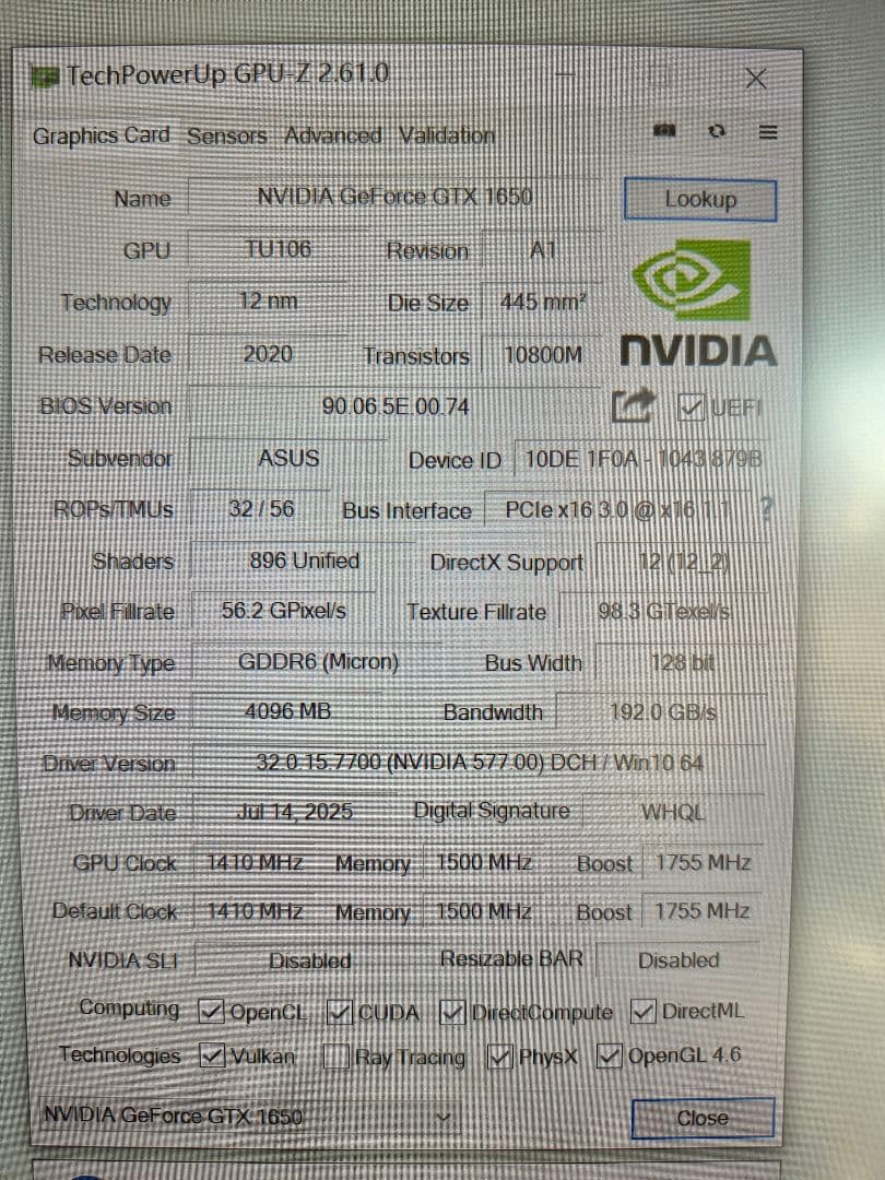 グラフィックボード・グラボ・ビデオカード ASUS TUF-GTX1650-O4GD6-GAMING
