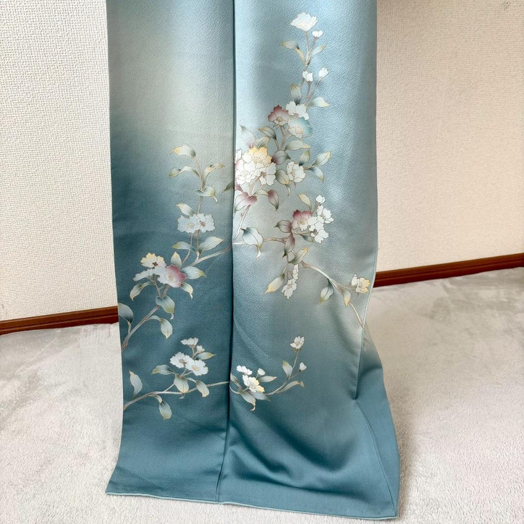 付け下げ 友禅 紋無し 浅縹色 水色 正絹 丈160 裄64 IS1081☆