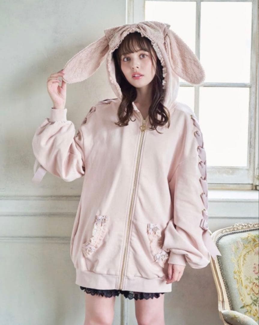 LIZLISA うさみみレースアップスリーブパーカー ピンク