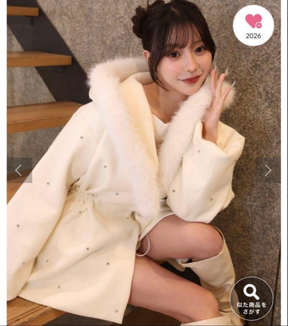 Nice Claupフードフェイクファービジューミドルコート