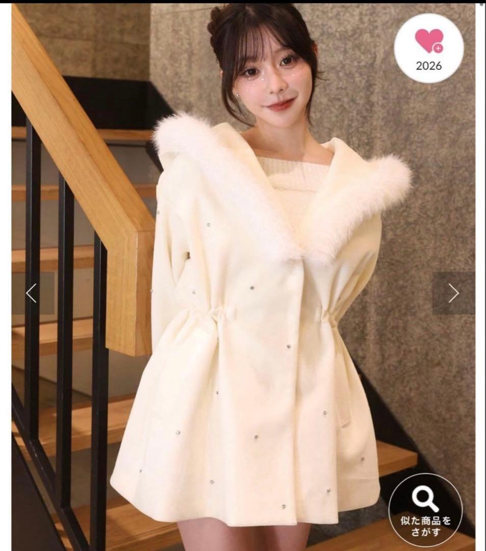 Nice Claupフードフェイクファービジューミドルコート