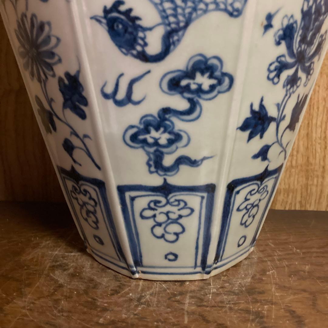 中国　染付　面取瓶　龍鳳花之図