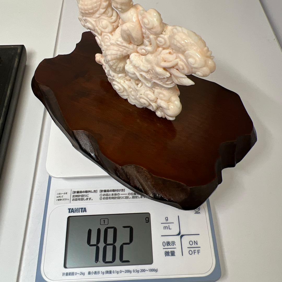 本桃色珊瑚　龍童子置物　ケース付　東Y7-1211☆2Fトヒト