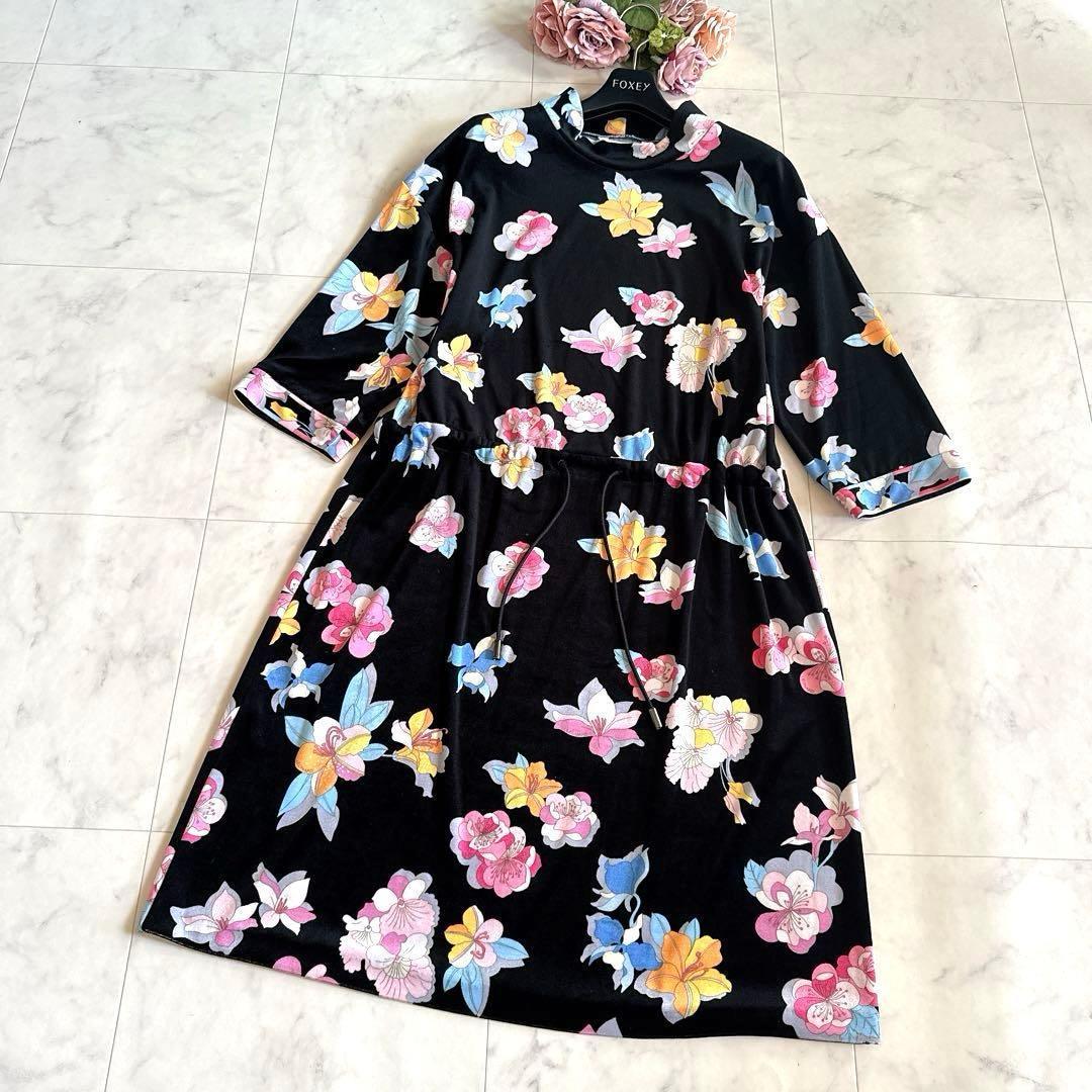 未使用級★近年物 レオナール カンカン ベロア調ワンピース 花柄 トリム 42