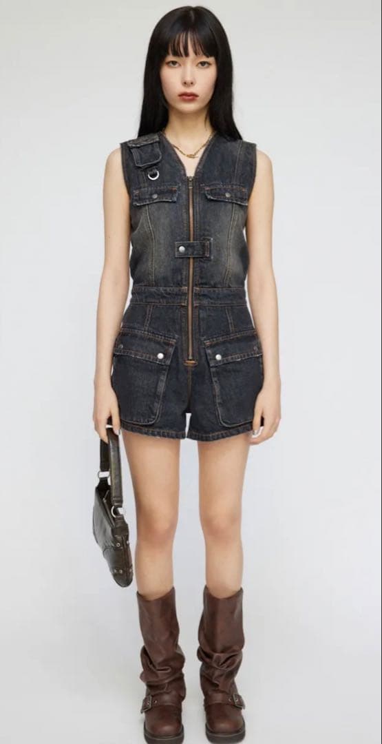 ラグアジェム　ポケットデニムミニオールインワン　ブラック　M