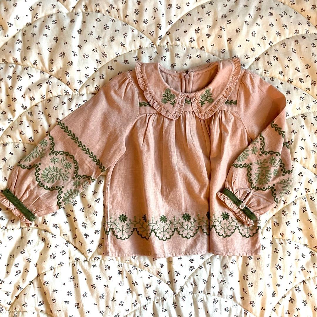 M1ck　apolina アポリナ　ピンク 緑刺繍 フリル襟 長袖ブラウス