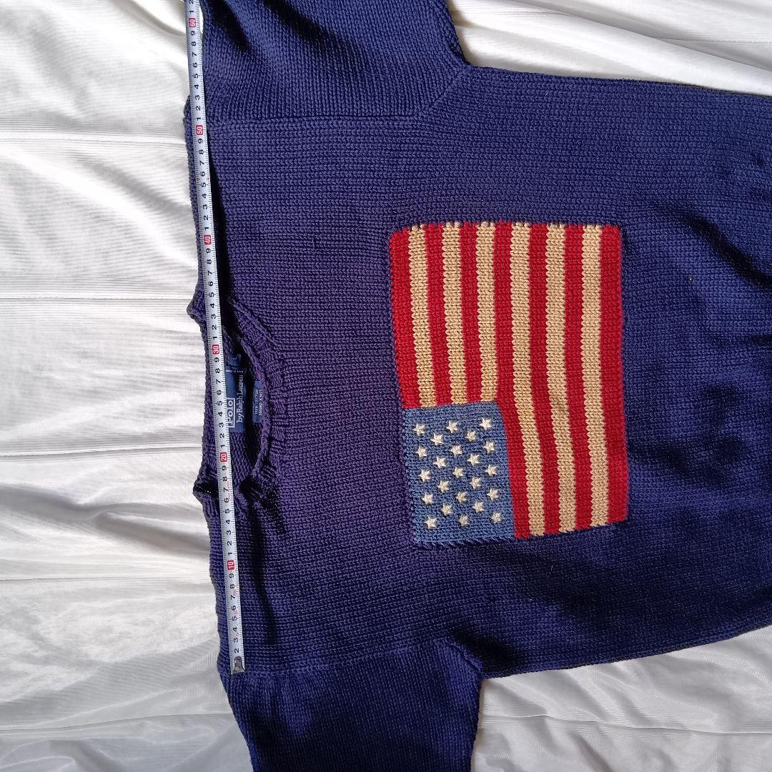 【希少・手編み】90s ポロ ラルフローレン 星条旗 コットン ニット L 紺