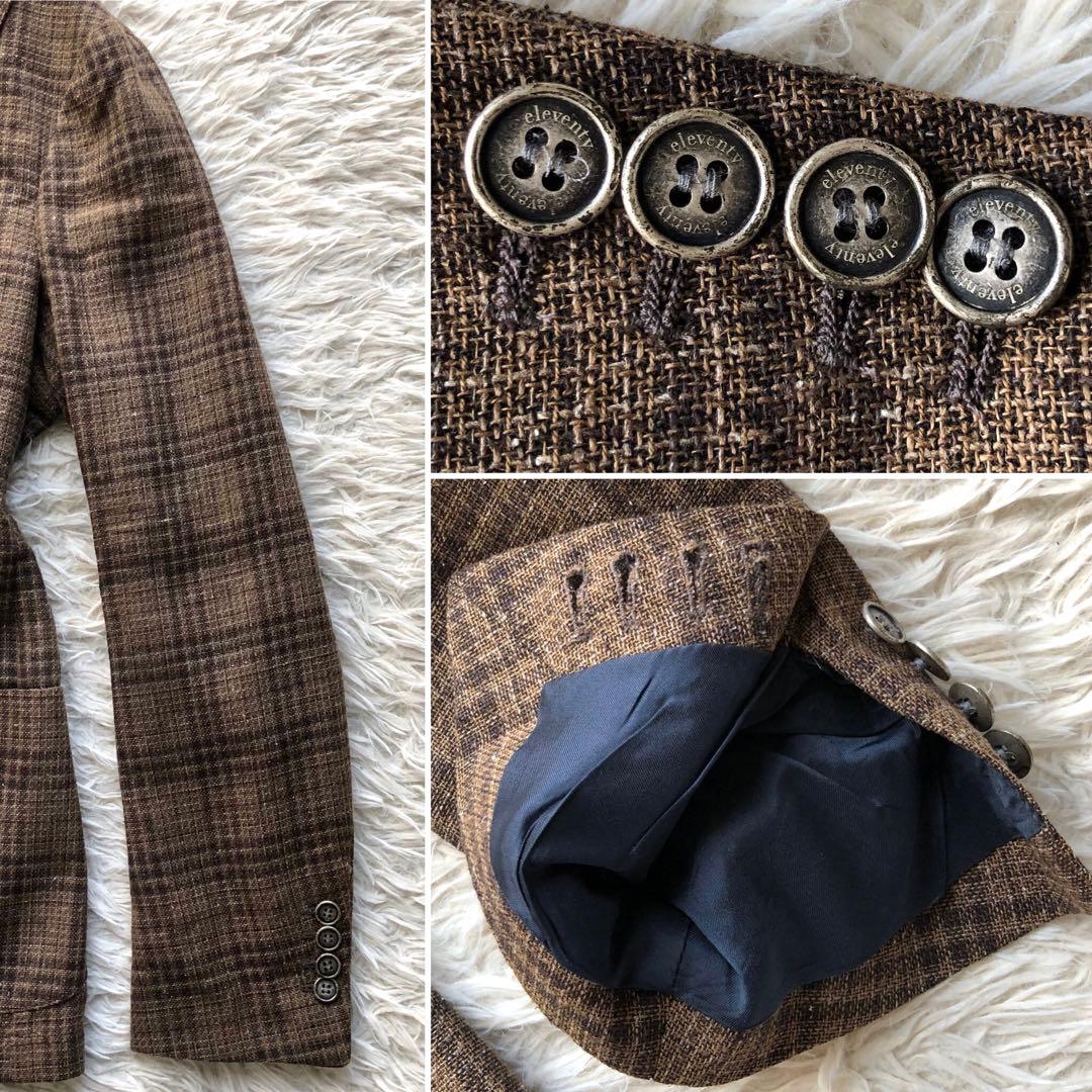 【超希少XL三者混】イレブンティ　テーラードジャケット　茶　メタルボタン　綿麻絹