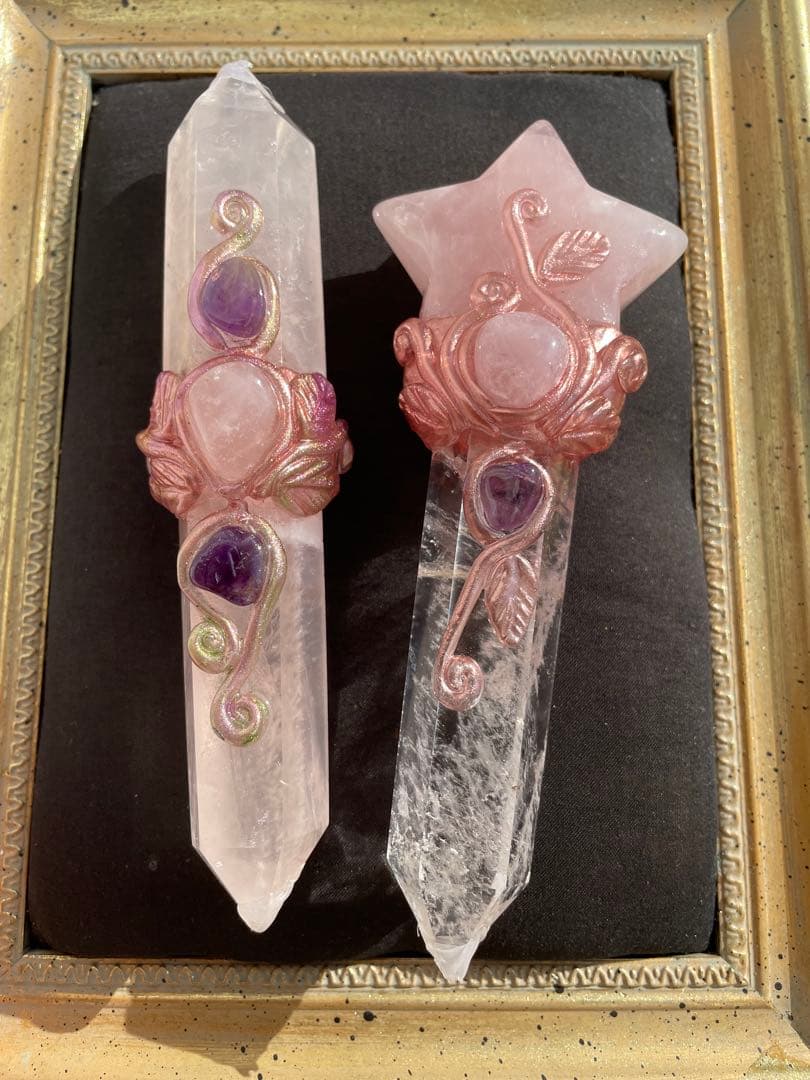 ローズクォーツ水晶アメジストの魔法のスティック　魔法棒魔法の杖4点セット天然石