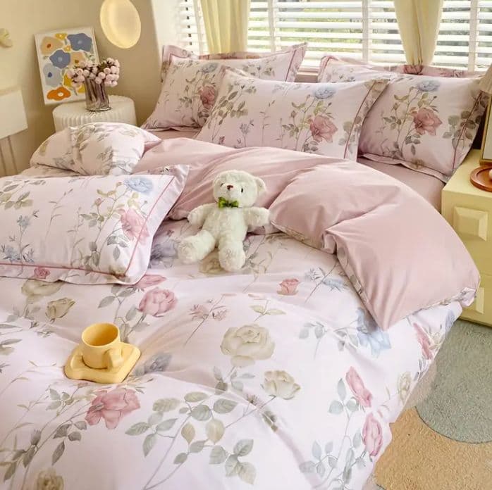 新品★優雅な薔薇フロックス柄綿100%シングル掛け布団カバーと枕カバー3点セット